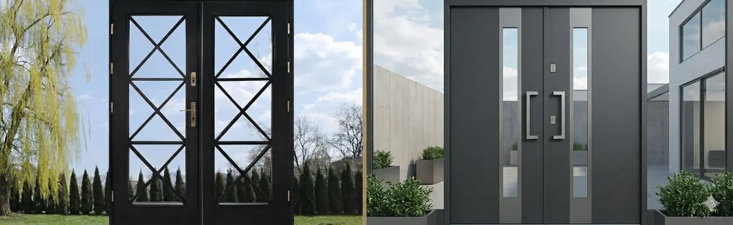 Porównanie drzwi drewnianych i&nbsp;stalowych -&nbsp;klasyczne czarne drzwi z&nbsp;szybami kontra nowoczesne drzwi antracytowe